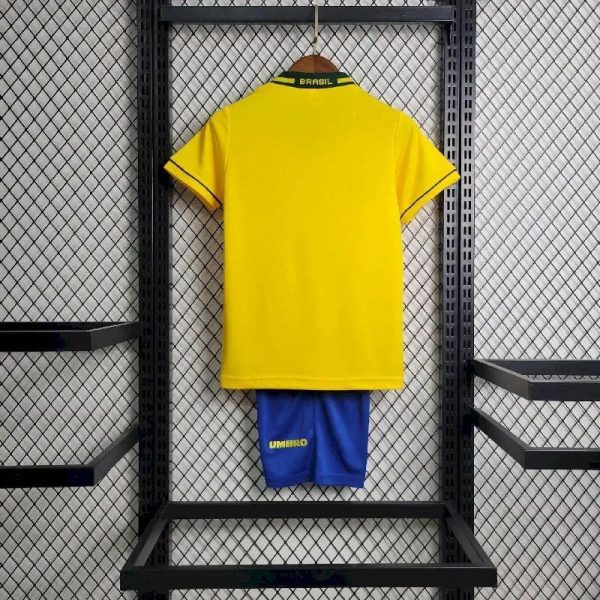 Brazil 1994 Home Kids Retro Jersey And Shorts - Image 3