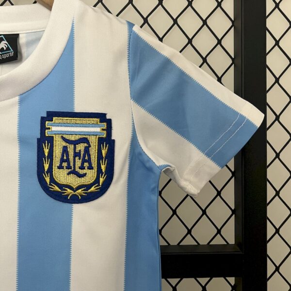 Argentina 1986 Home Kids Retro Jersey And Shorts - Image 7