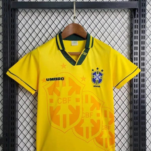Brazil 1994 Home Kids Retro Jersey And Shorts - Image 2